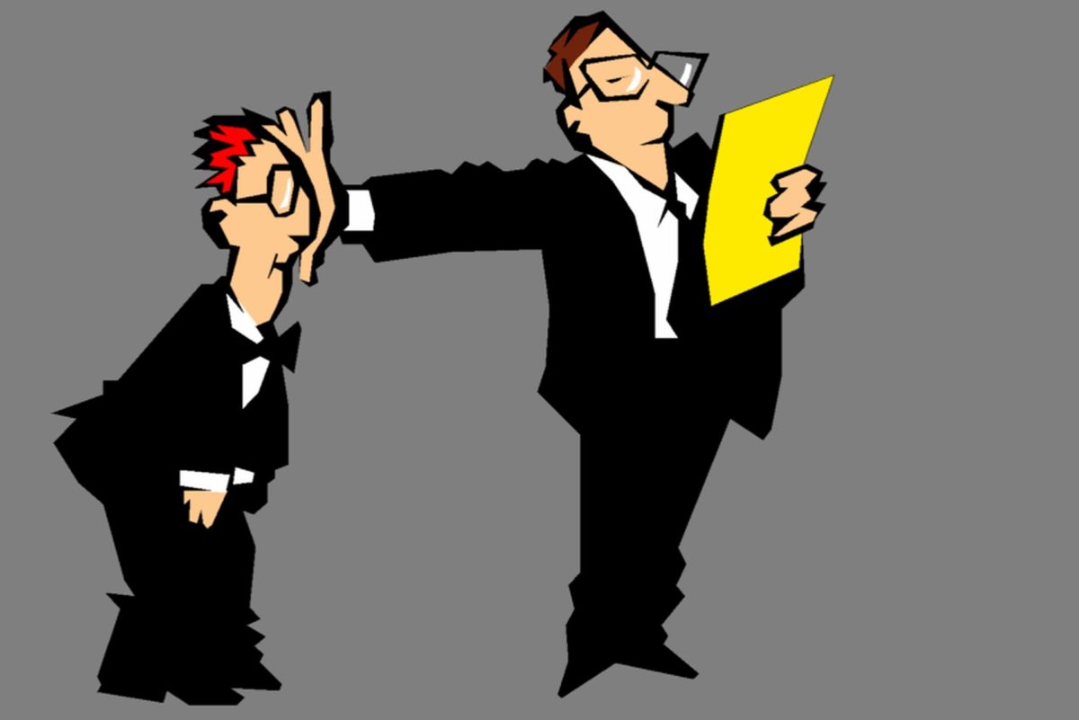 A cartoon of two men one is holding something yellow and the other has red hair.