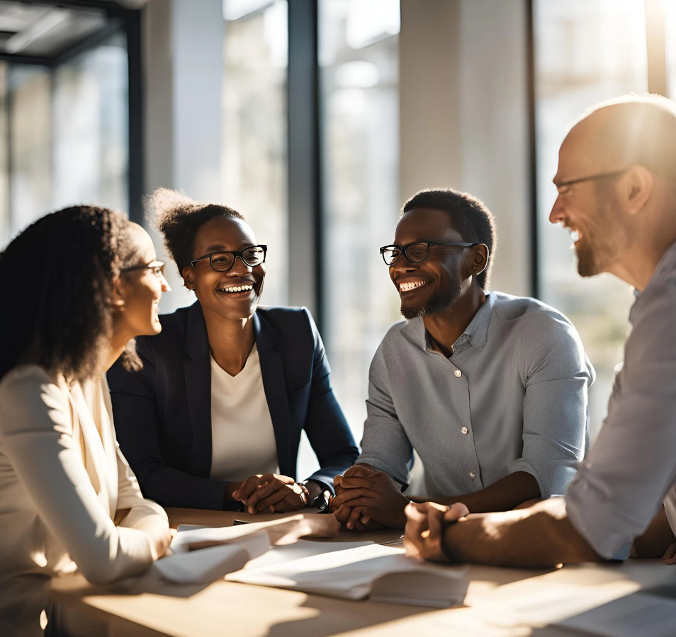 A group of people sitting around a table.